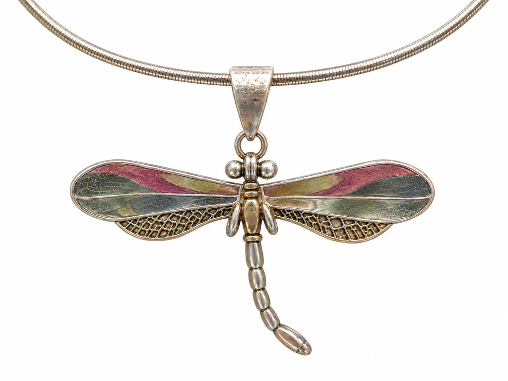 Signed "Best" Dragonfly Pendant Wire Choker Necklace Silver Tone Gold Tone VTG