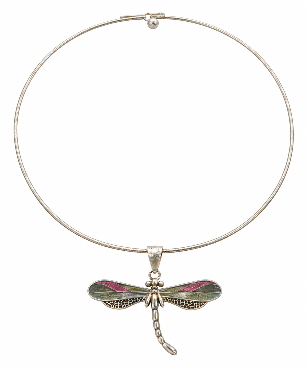 Signed "Best" Dragonfly Pendant Wire Choker Necklace Silver Tone Gold Tone VTG