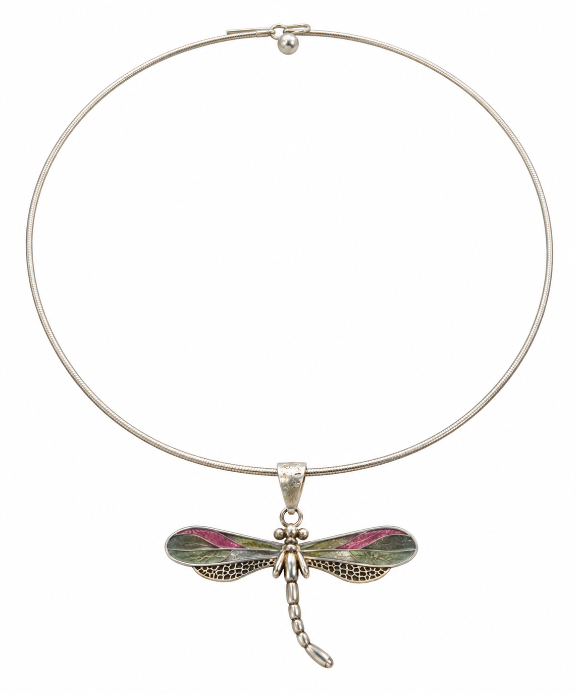 Signed "Best" Dragonfly Pendant Wire Choker Necklace Silver Tone Gold Tone VTG