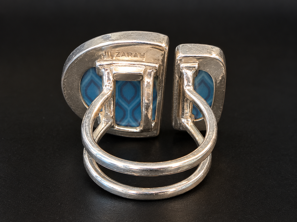 Jilzarah Blue Mosaic Pattern Adjustable Wrap Ring Silver Tone Size 5.5 Artisan