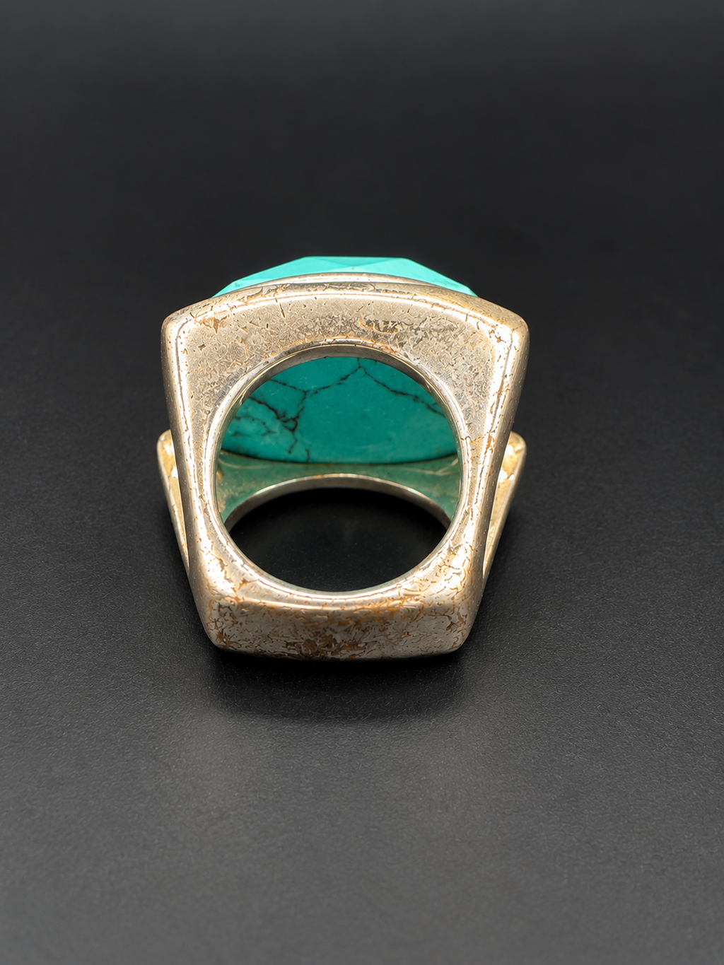 Vintage Size 7.5 Turquoise Stone Statement Ring Silver Tone Faceted Cocktail
