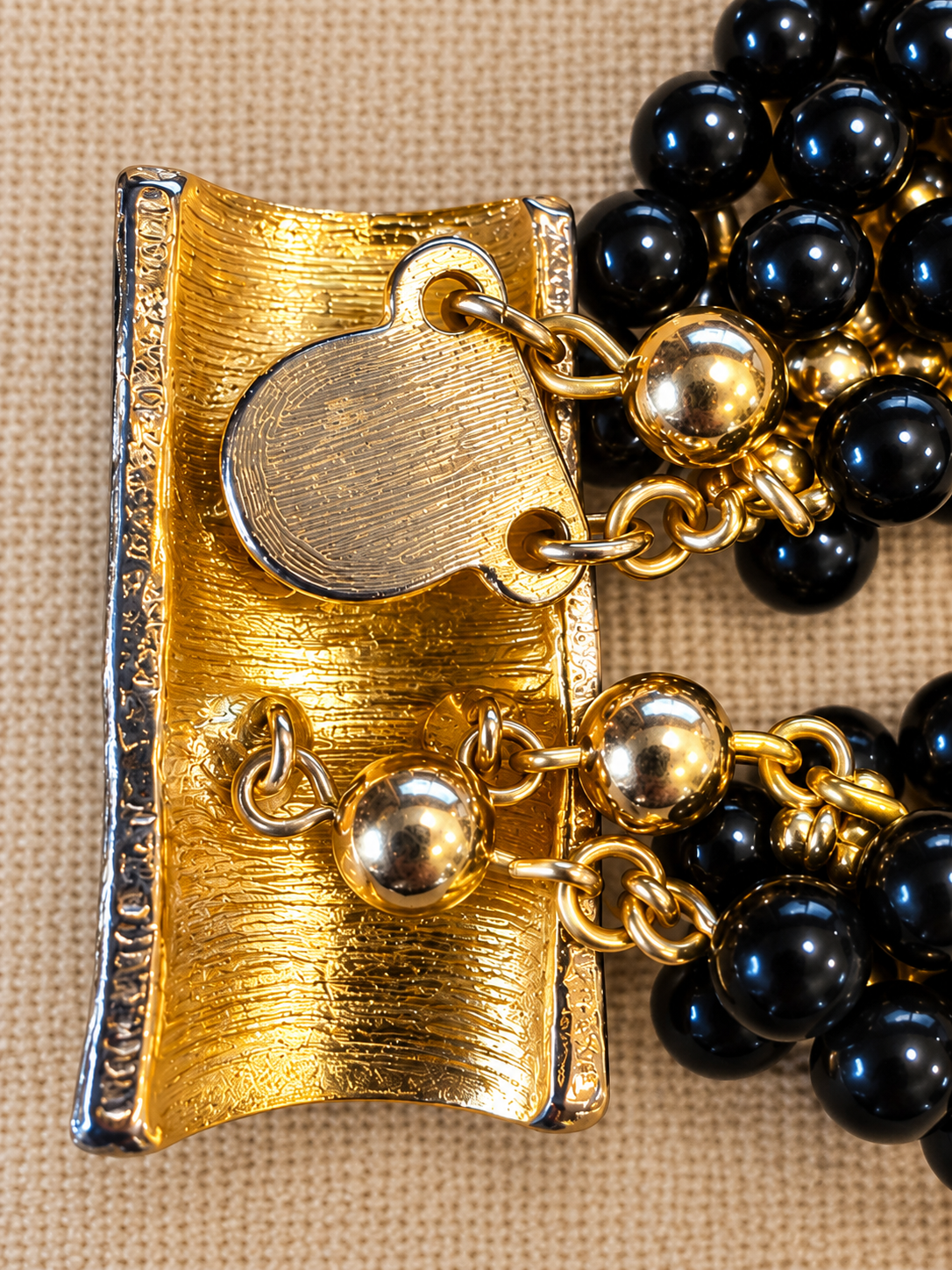 Vintage Multi-Strand Black Bead Necklace, Gold & Silver Tone Accents, Enamel Clasp, 28"