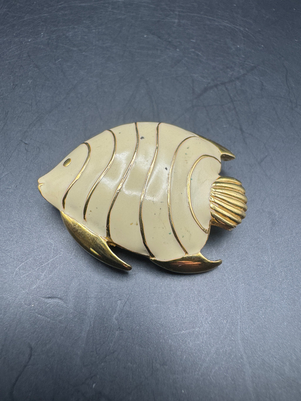 Vintage MONET Angel Fish Brooch Pin – Gold Tone & Cream Enamel – Statement Jewelry