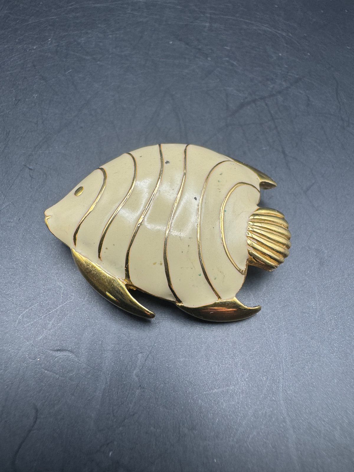 Vintage MONET Angel Fish Brooch Pin – Gold Tone & Cream Enamel – Statement Jewelry