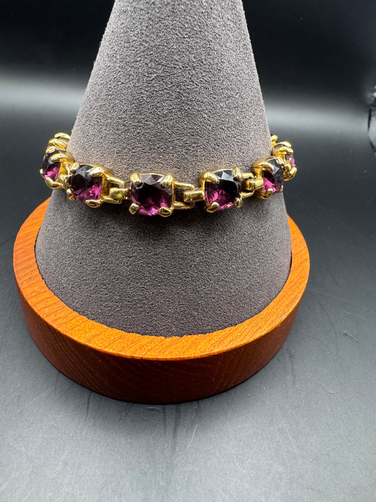 Vintage Swarovski Purple Crystal Bracelet – Gold-Tone – Signed Clasp – Approx. 7.5"