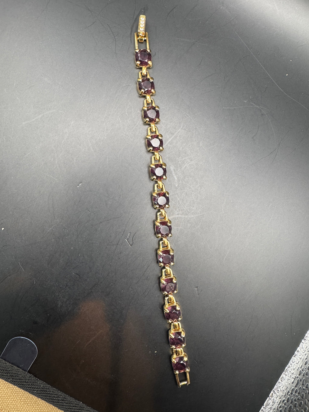 Vintage Swarovski Purple Crystal Bracelet – Gold-Tone – Signed Clasp – Approx. 7.5"
