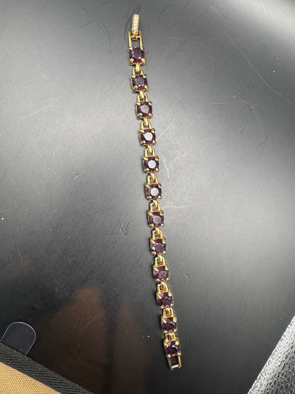 Vintage Swarovski Purple Crystal Bracelet – Gold-Tone – Signed Clasp – Approx. 7.5"