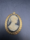 Vintage Gold Tone Cameo Pendant Brooch Oval Lady Profile Costume Jewelry