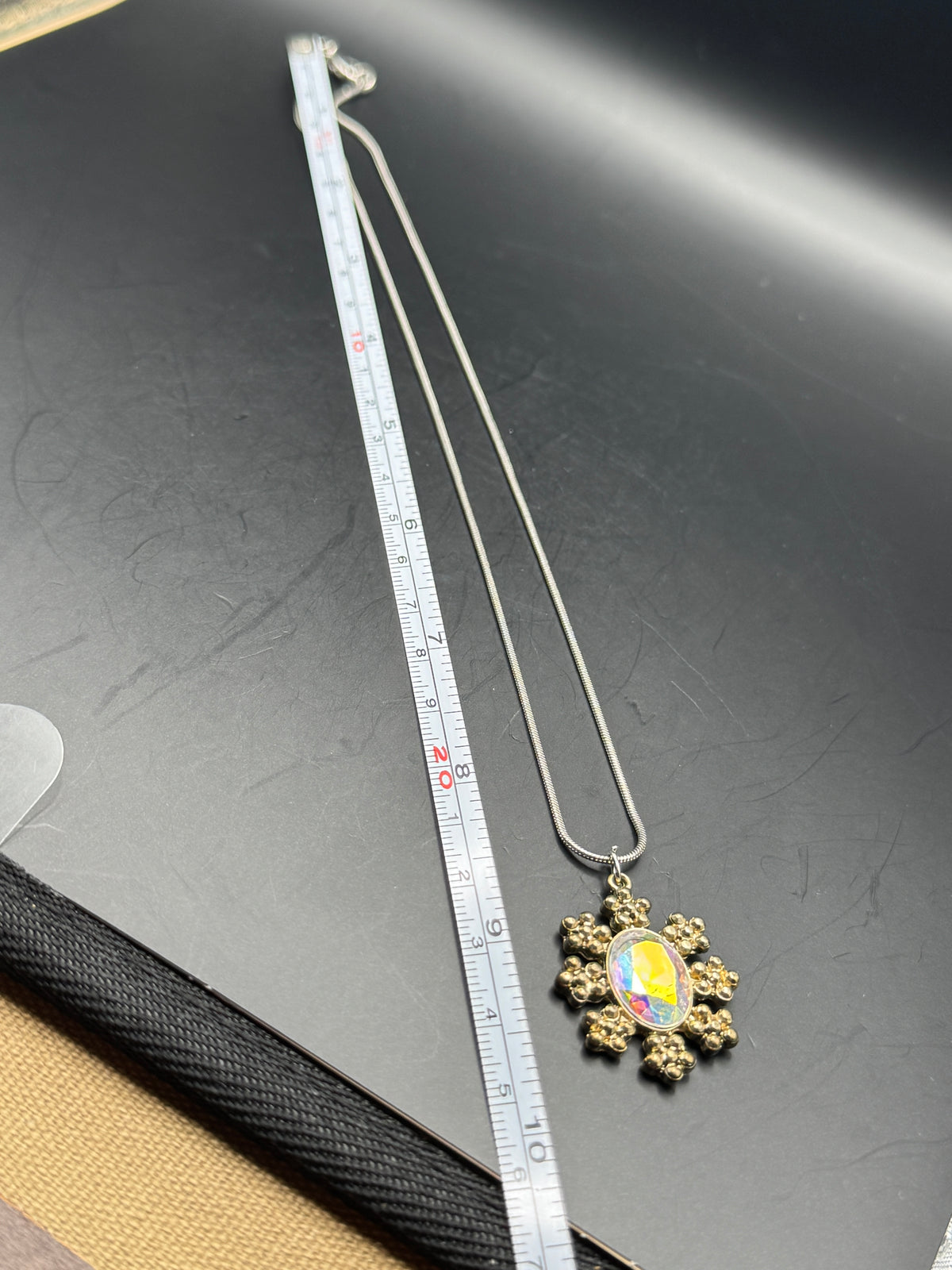 Vintage Aurora Borealis Iridescent Floral Pendant Necklace Gold Tone Long Chain