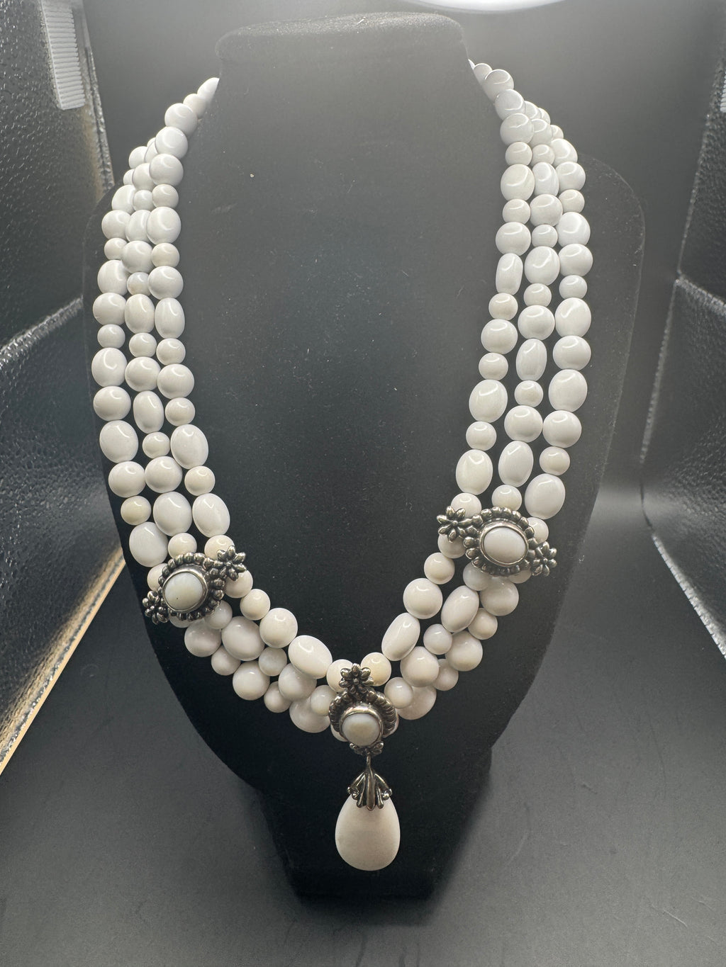 Vintage 3 Strand White Beaded Statement Necklace Ornate Floral Silver Tone Pendant