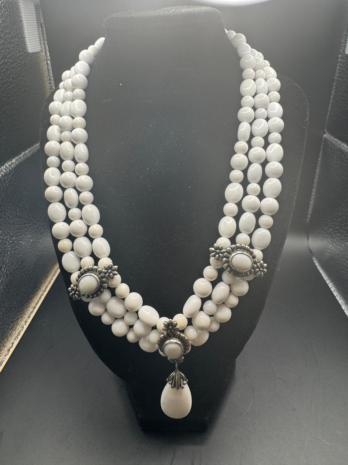 Vintage 3 Strand White Beaded Statement Necklace Ornate Floral Silver Tone Pendant