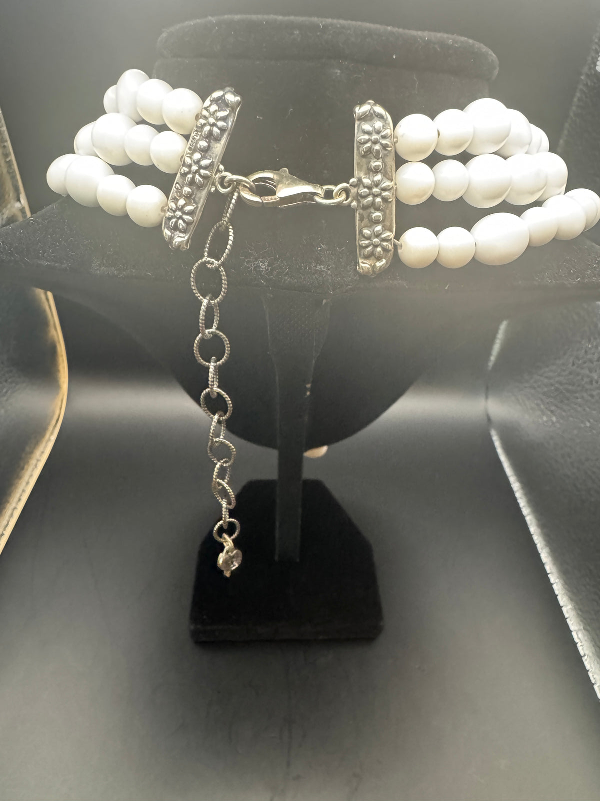 Vintage 3 Strand White Beaded Statement Necklace Ornate Floral Silver Tone Pendant