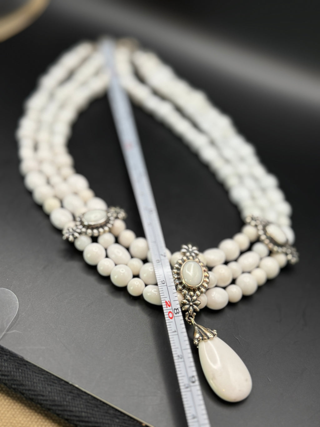 Vintage 3 Strand White Beaded Statement Necklace Ornate Floral Silver Tone Pendant