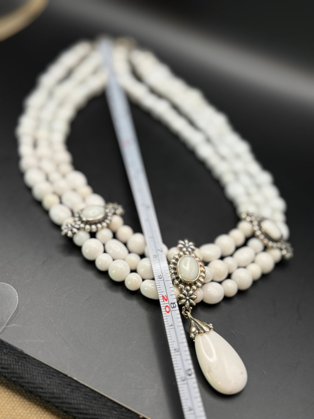 Vintage 3 Strand White Beaded Statement Necklace Ornate Floral Silver Tone Pendant
