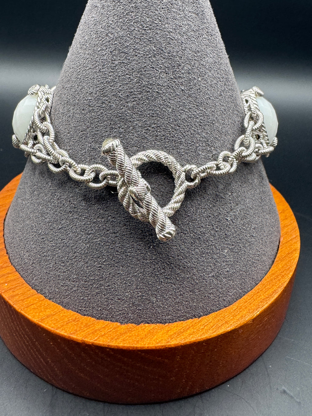 Vintage Ornate Blue & White Faux Stone Bracelet Silver-Tone Rope Link 7.5"