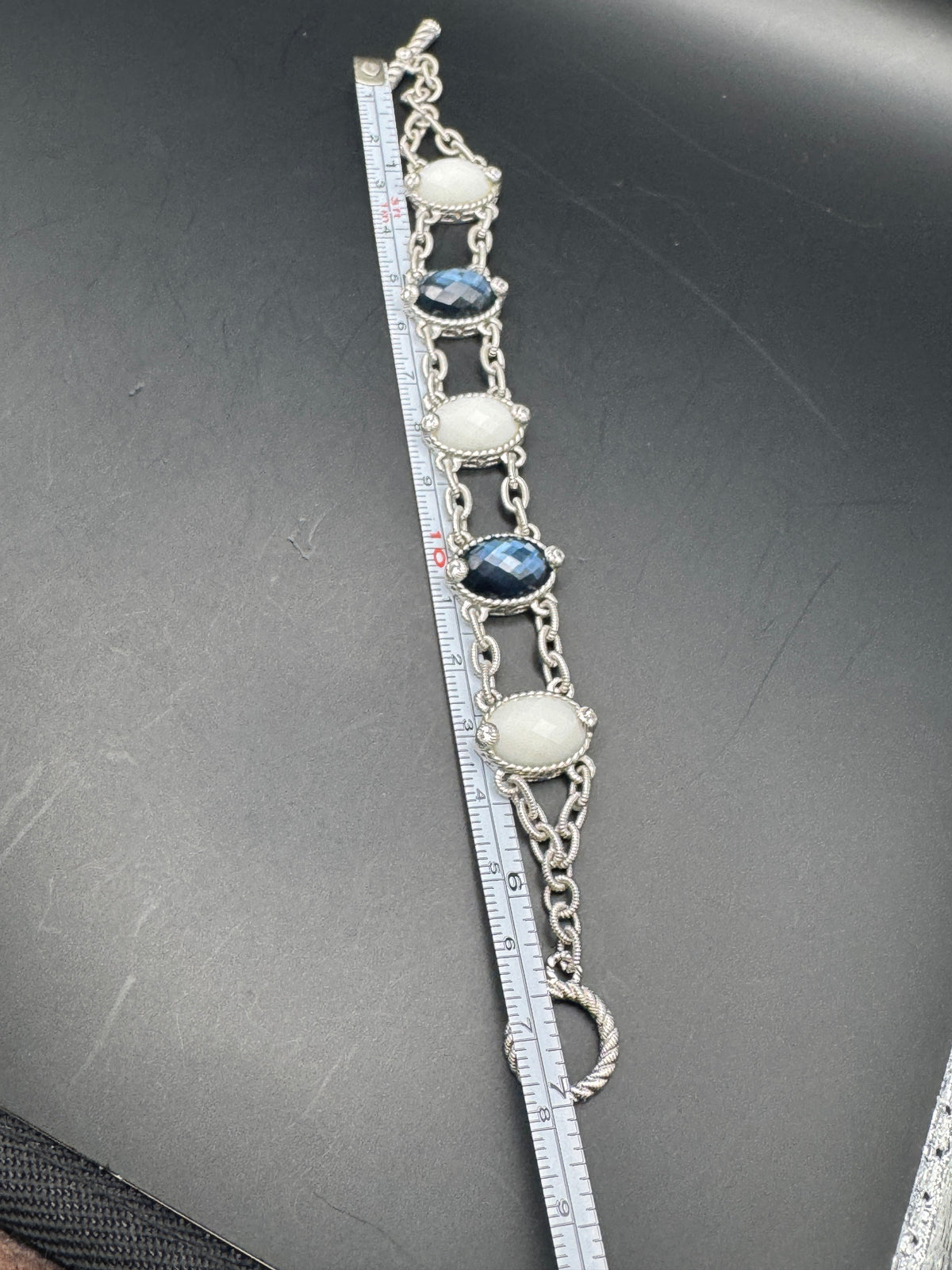 Vintage Ornate Blue & White Faux Stone Bracelet Silver-Tone Rope Link 7.5"