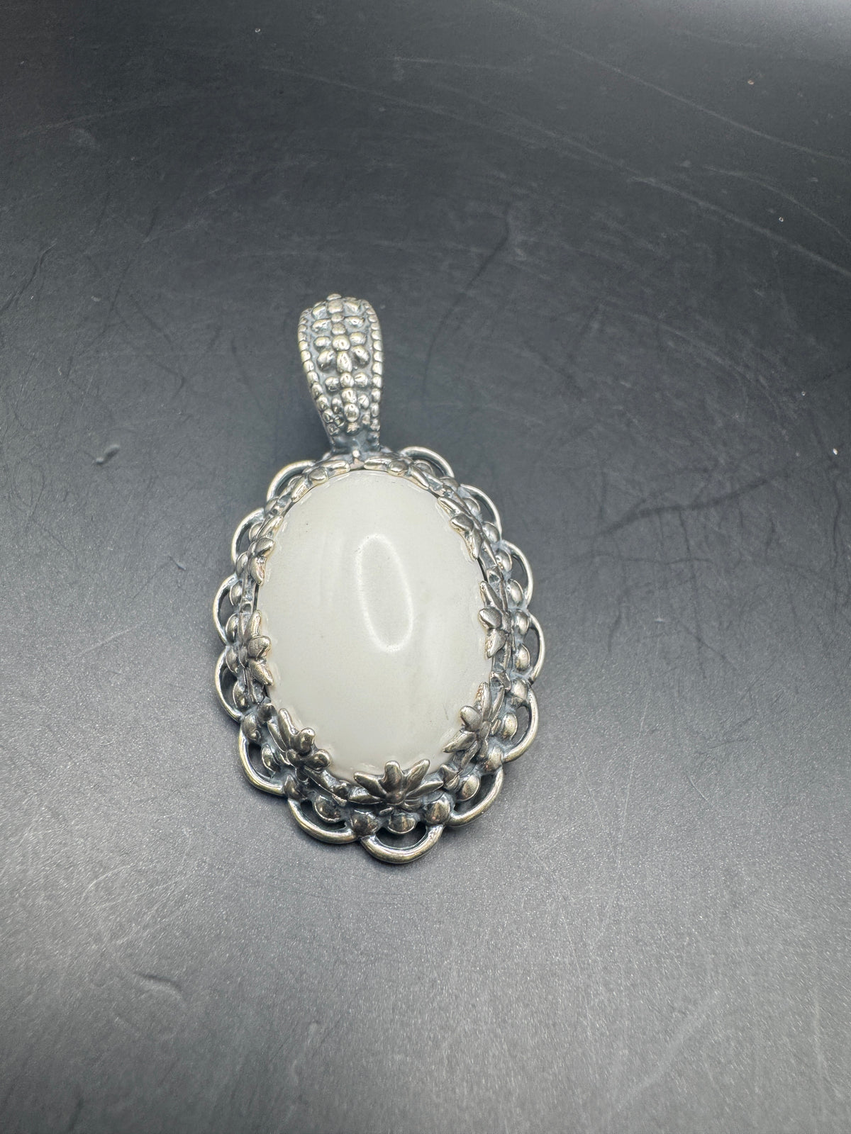 Vintage 925 Sterling Silver Floral Man-Made White Cabochon Enhancer Pendant