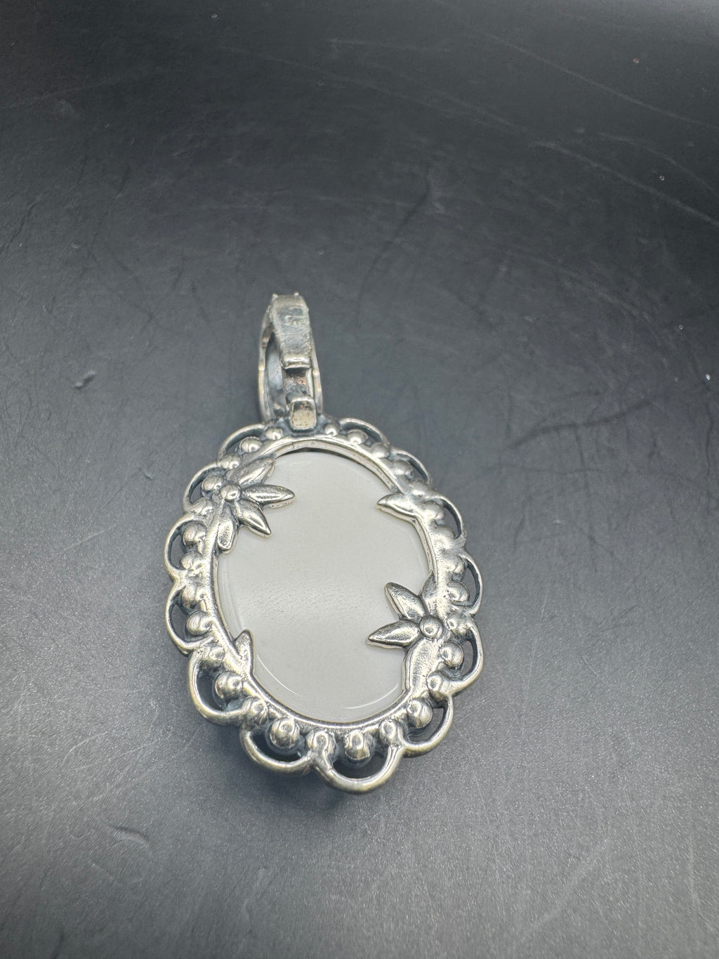 Vintage 925 Sterling Silver Floral Man-Made White Cabochon Enhancer Pendant