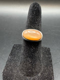 Vintage Size 4 Peach Mother of Pearl Oval Cabochon Ring Silver Tone Statement