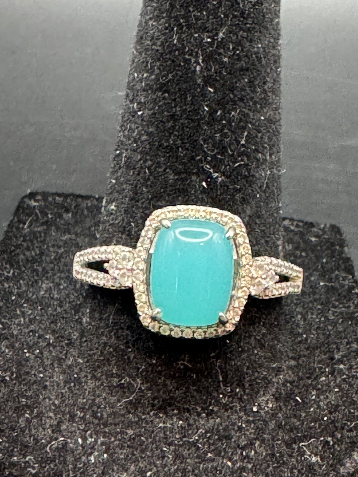 Vintage Sterling Silver Blue Cabochon Rhinestone Halo Ring Size 9.5 Statement 925