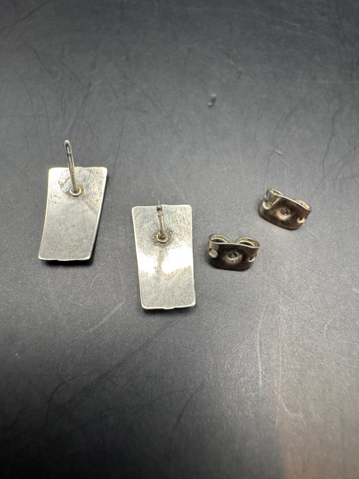 Vintage Silver Tone Geometric Etched Rectangle Stud Earrings Artisan Handmade