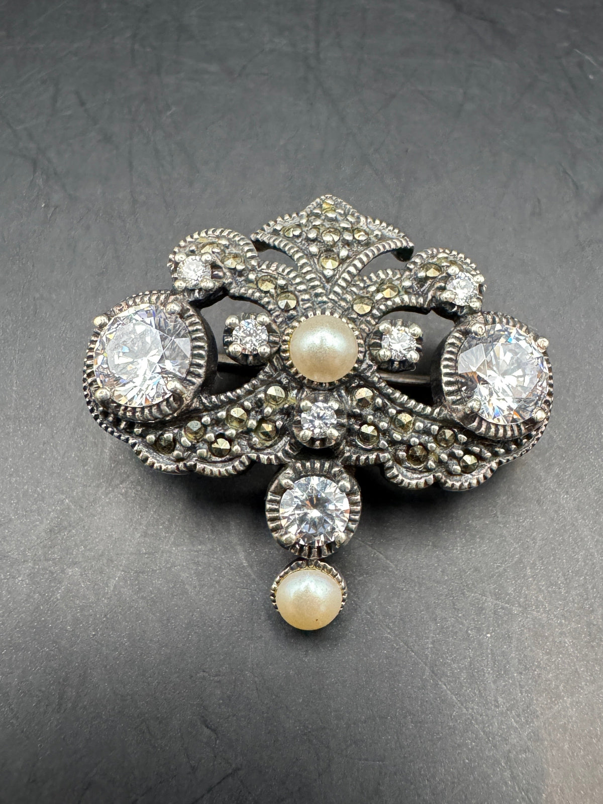 Vintage Judith Jack Sterling Silver Marcasite Brooch Cubic Zirconia Faux Pearl Pin Signed