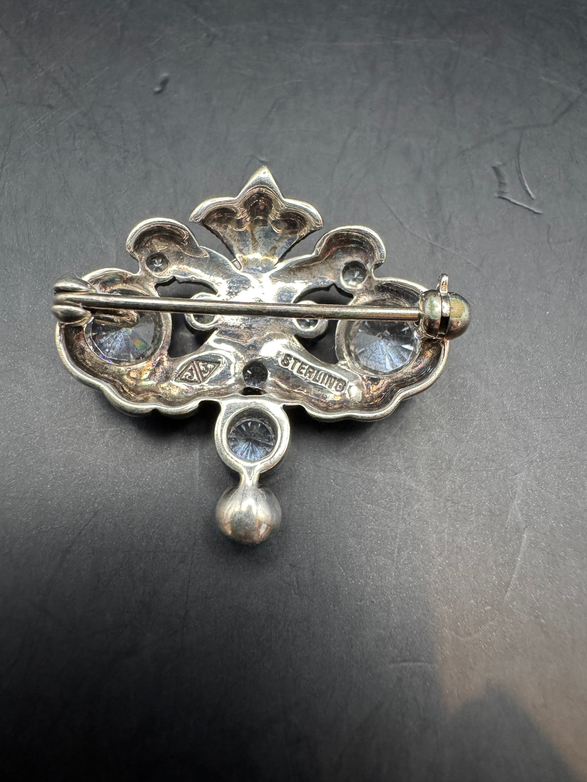 Vintage Judith Jack Sterling Silver Marcasite Brooch Cubic Zirconia Faux Pearl Pin Signed