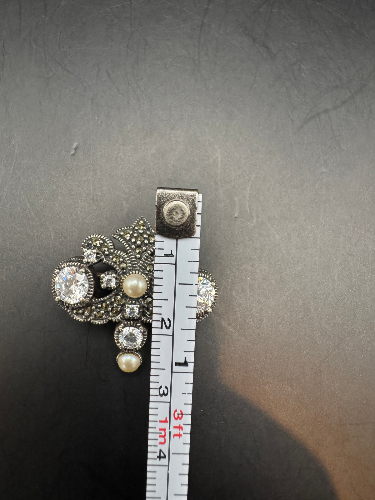 Vintage Judith Jack Sterling Silver Marcasite Brooch Cubic Zirconia Faux Pearl Pin Signed