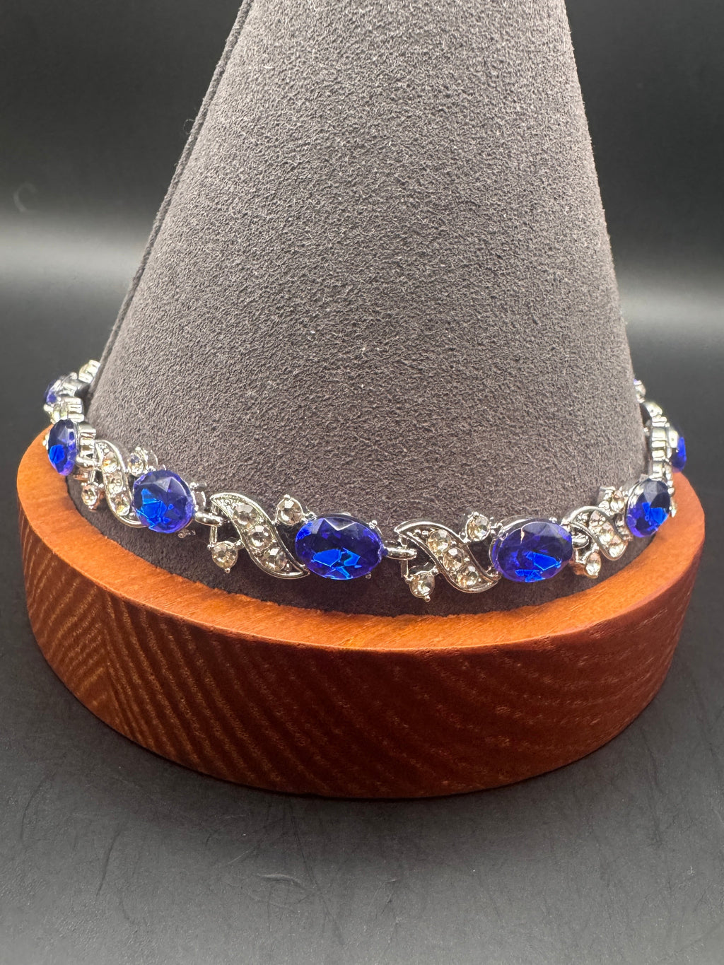Vintage Silver-Tone Blue Rhinestone Line Bracelet, Adjustable, Unsigned