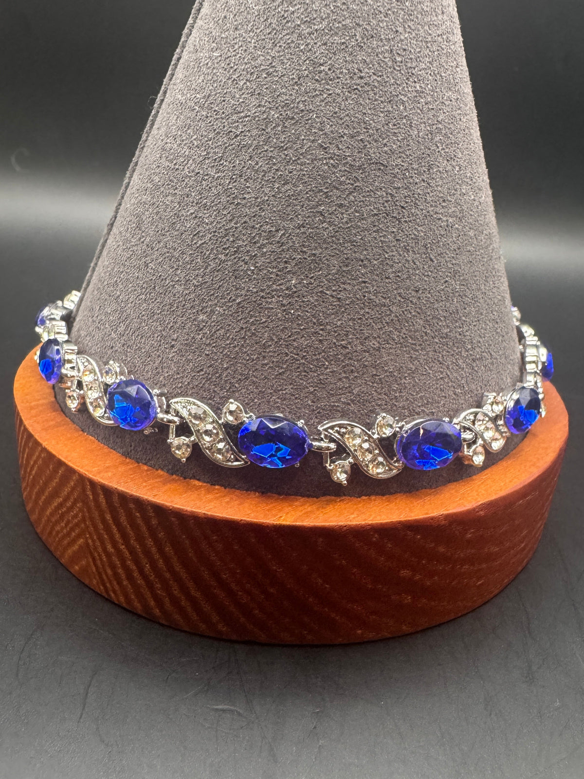 Vintage Silver-Tone Blue Rhinestone Line Bracelet, Adjustable, Unsigned