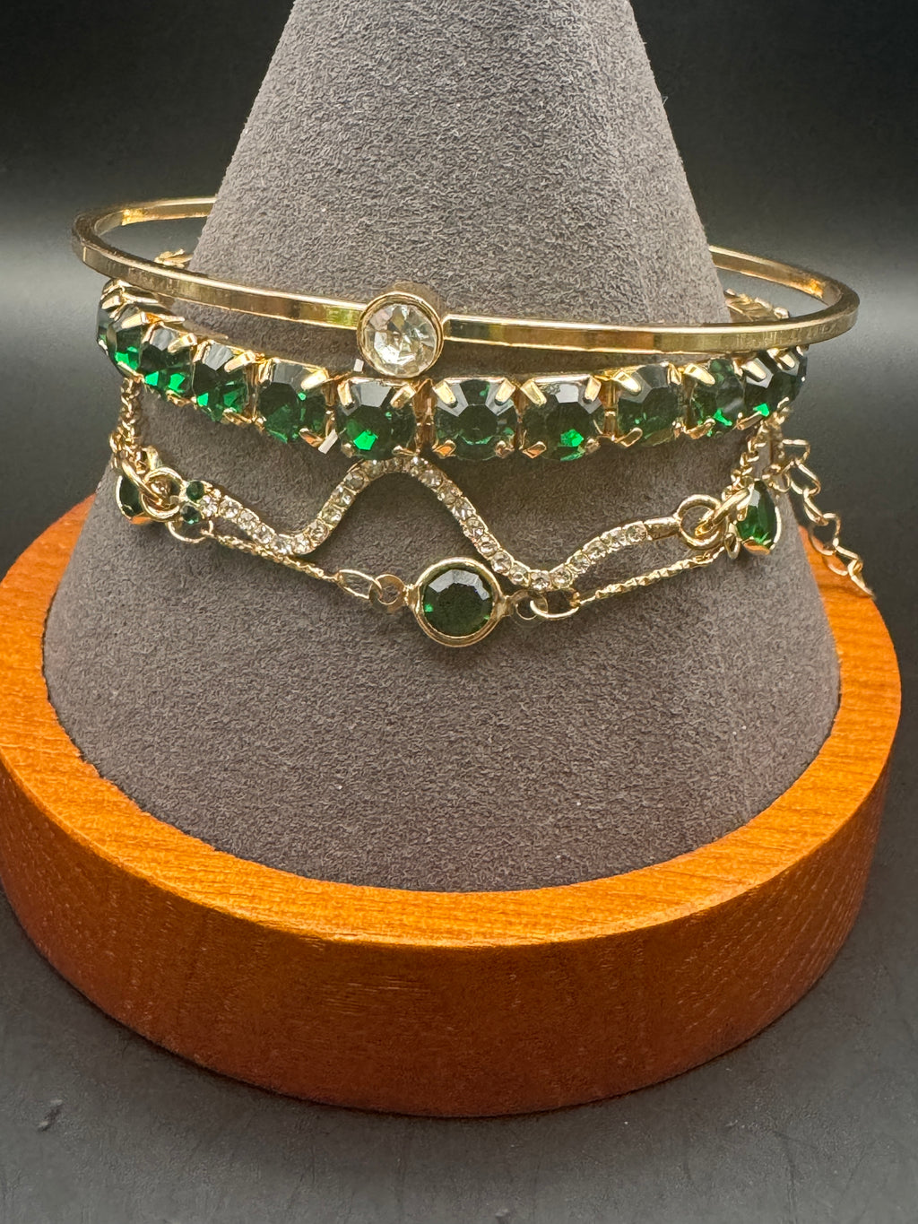 Gold-Tone Bracelet Stack Set of 4 – Green & Clear Rhinestone, Unsigned Vintage