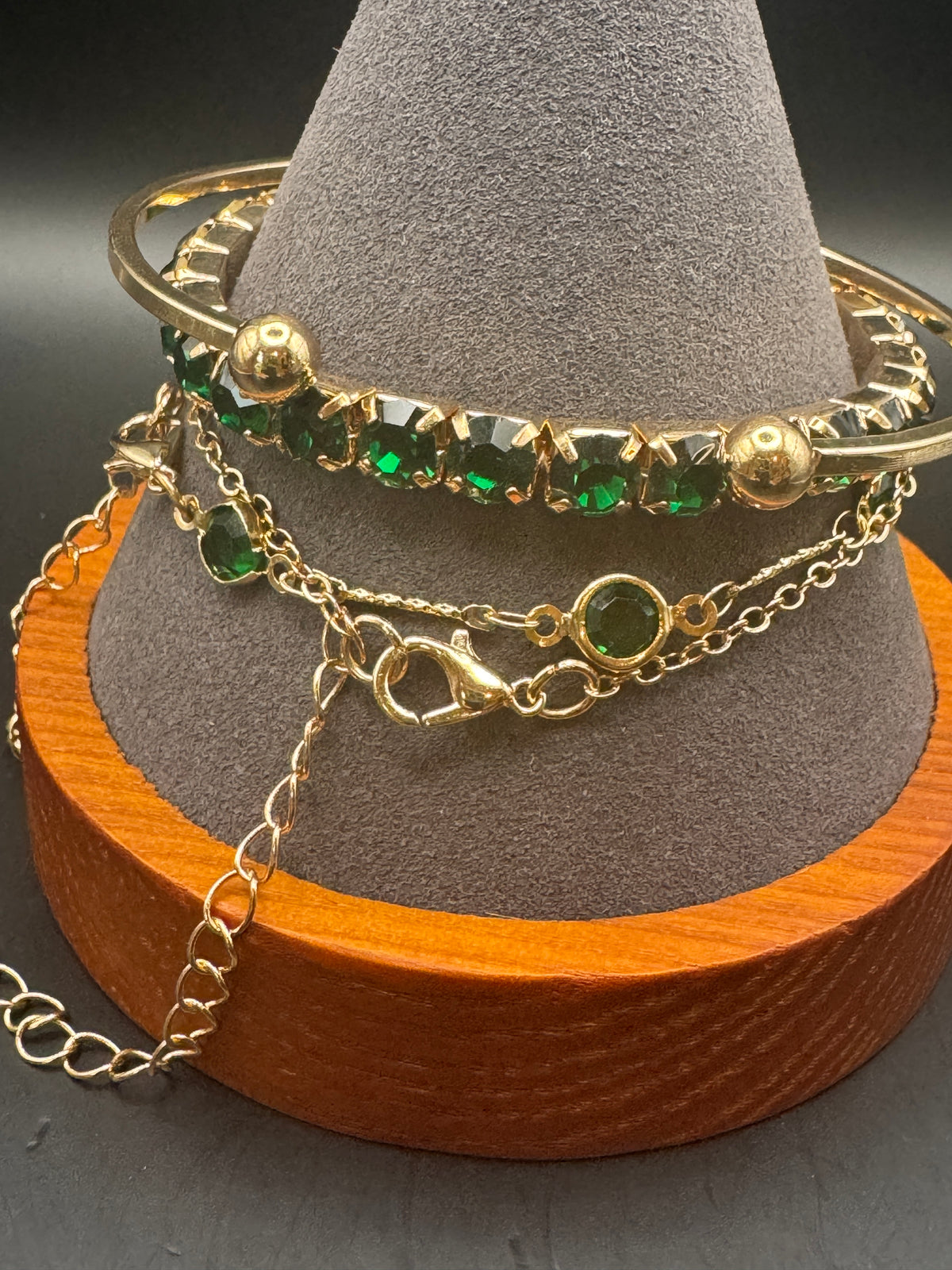 Gold-Tone Bracelet Stack Set of 4 – Green & Clear Rhinestone, Unsigned Vintage