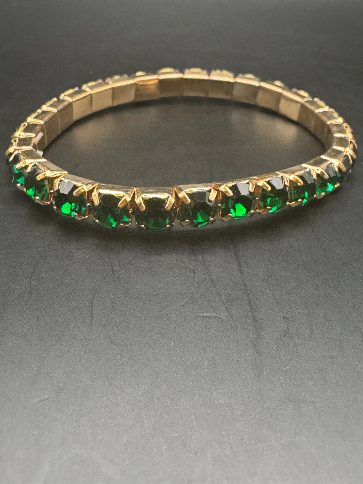 Gold-Tone Bracelet Stack Set of 4 – Green & Clear Rhinestone, Unsigned Vintage