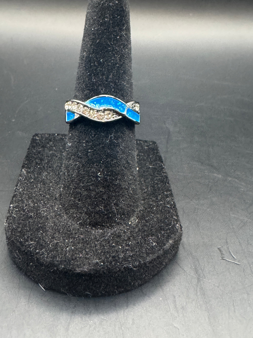 Blue Enamel Wave Rhinestone Fashion Ring, Size 5, Unsigned