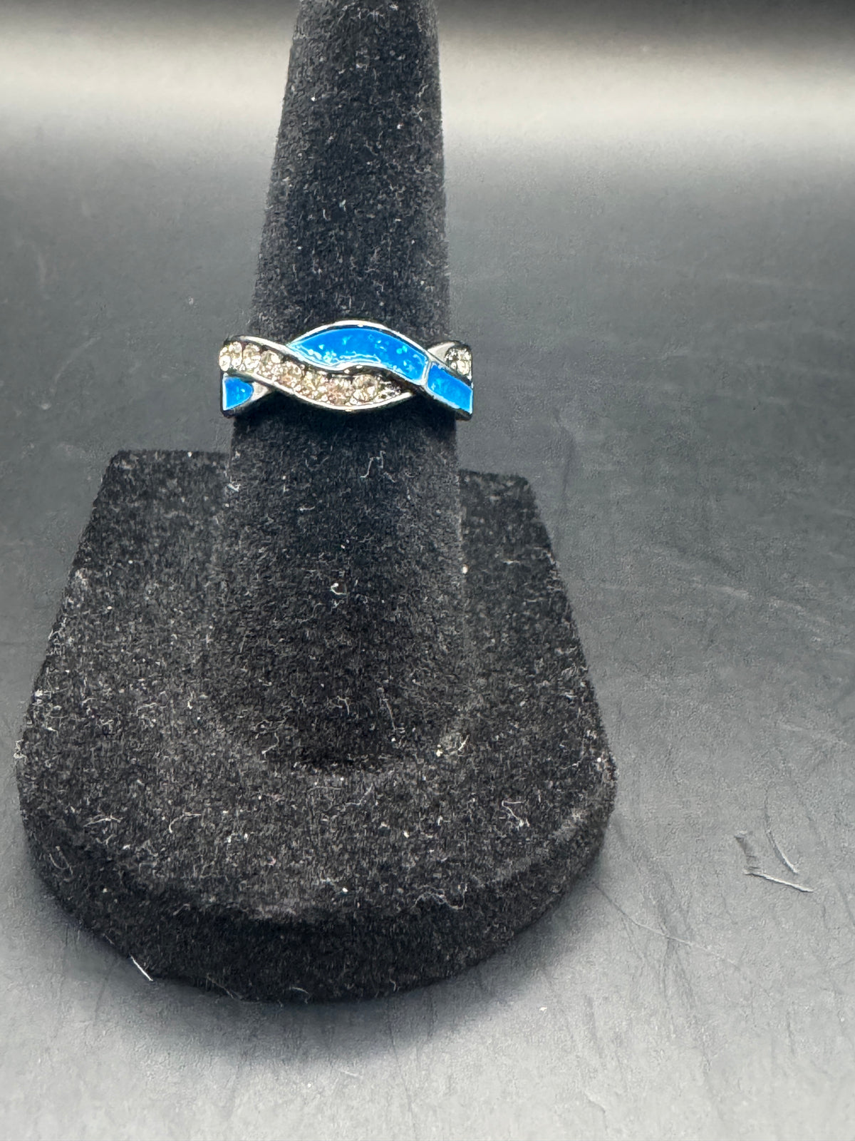 Blue Enamel Wave Rhinestone Fashion Ring, Size 5, Unsigned