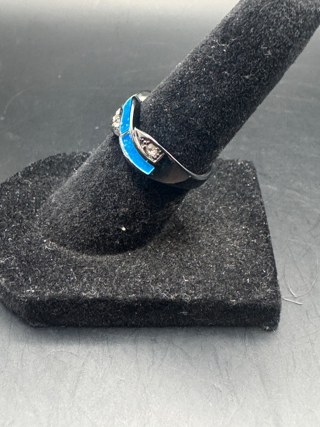 Blue Enamel Wave Rhinestone Fashion Ring, Size 5, Unsigned