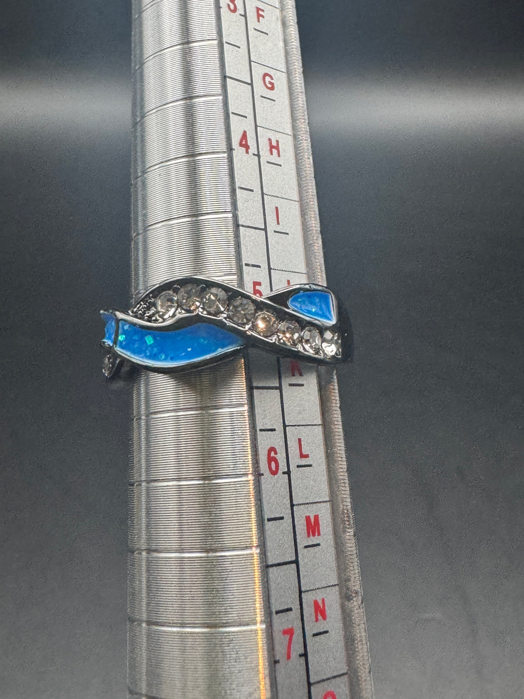 Blue Enamel Wave Rhinestone Fashion Ring, Size 5, Unsigned