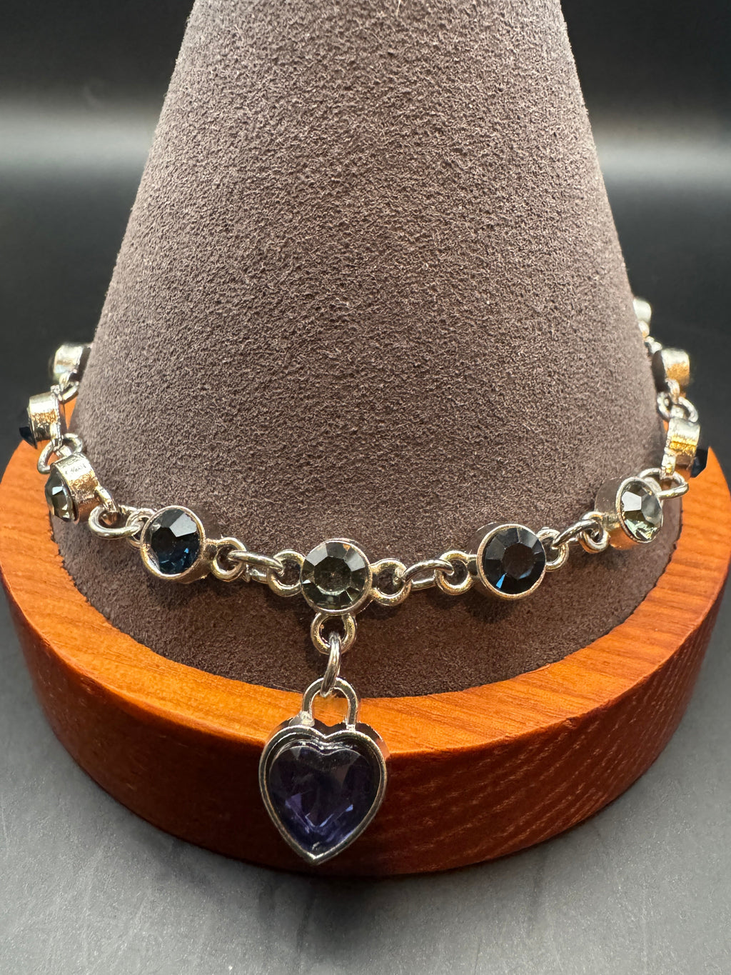 Rhinestone Link Bracelet with Heart Charm, Silver-Tone, Adjustable, Unsigned