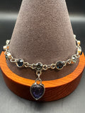 Rhinestone Link Bracelet with Heart Charm, Silver-Tone, Adjustable, Unsigned