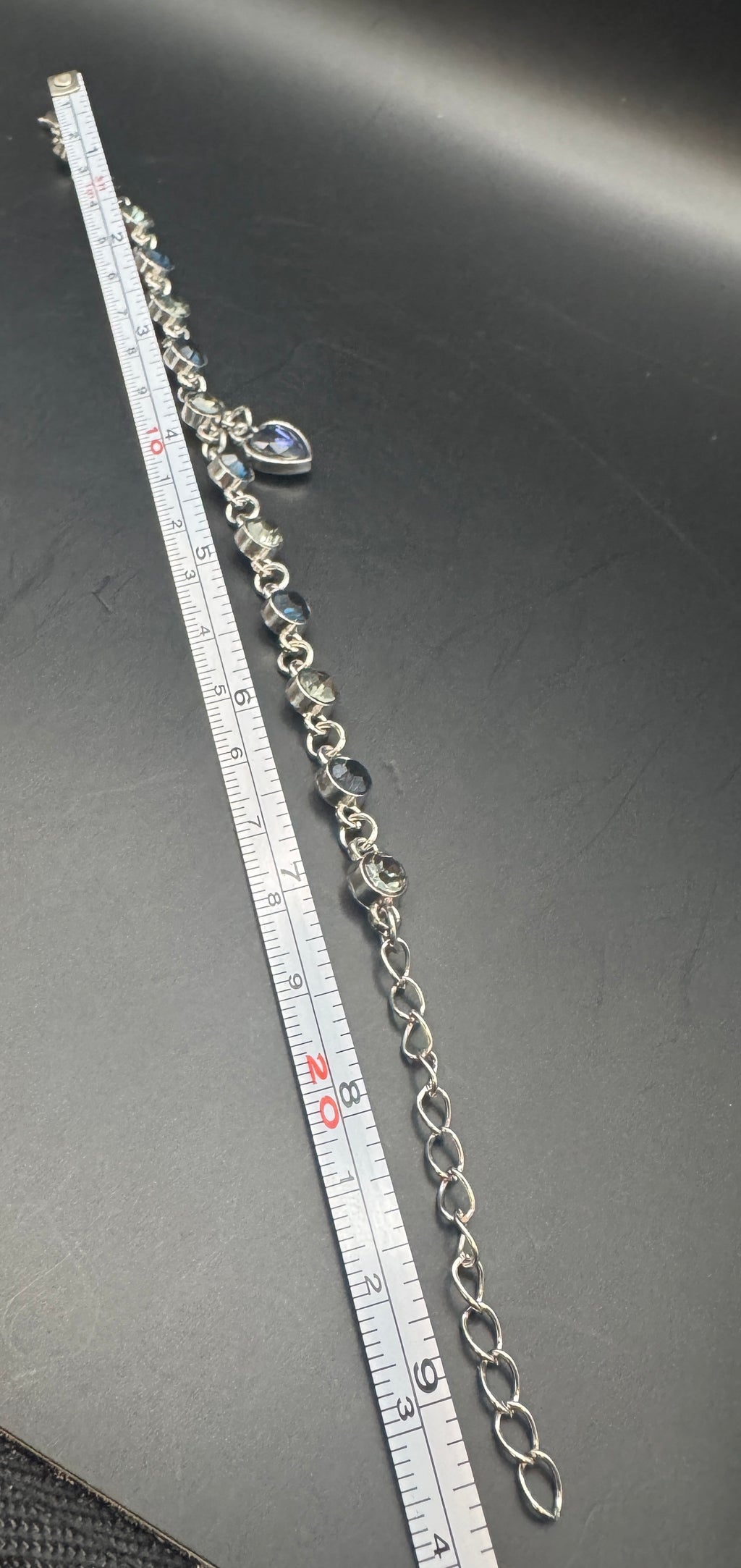 Rhinestone Link Bracelet with Heart Charm, Silver-Tone, Adjustable, Unsigned