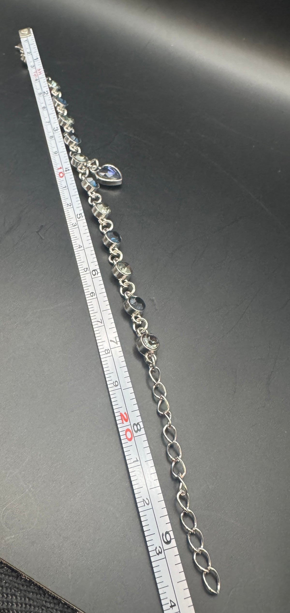 Rhinestone Link Bracelet with Heart Charm, Silver-Tone, Adjustable, Unsigned