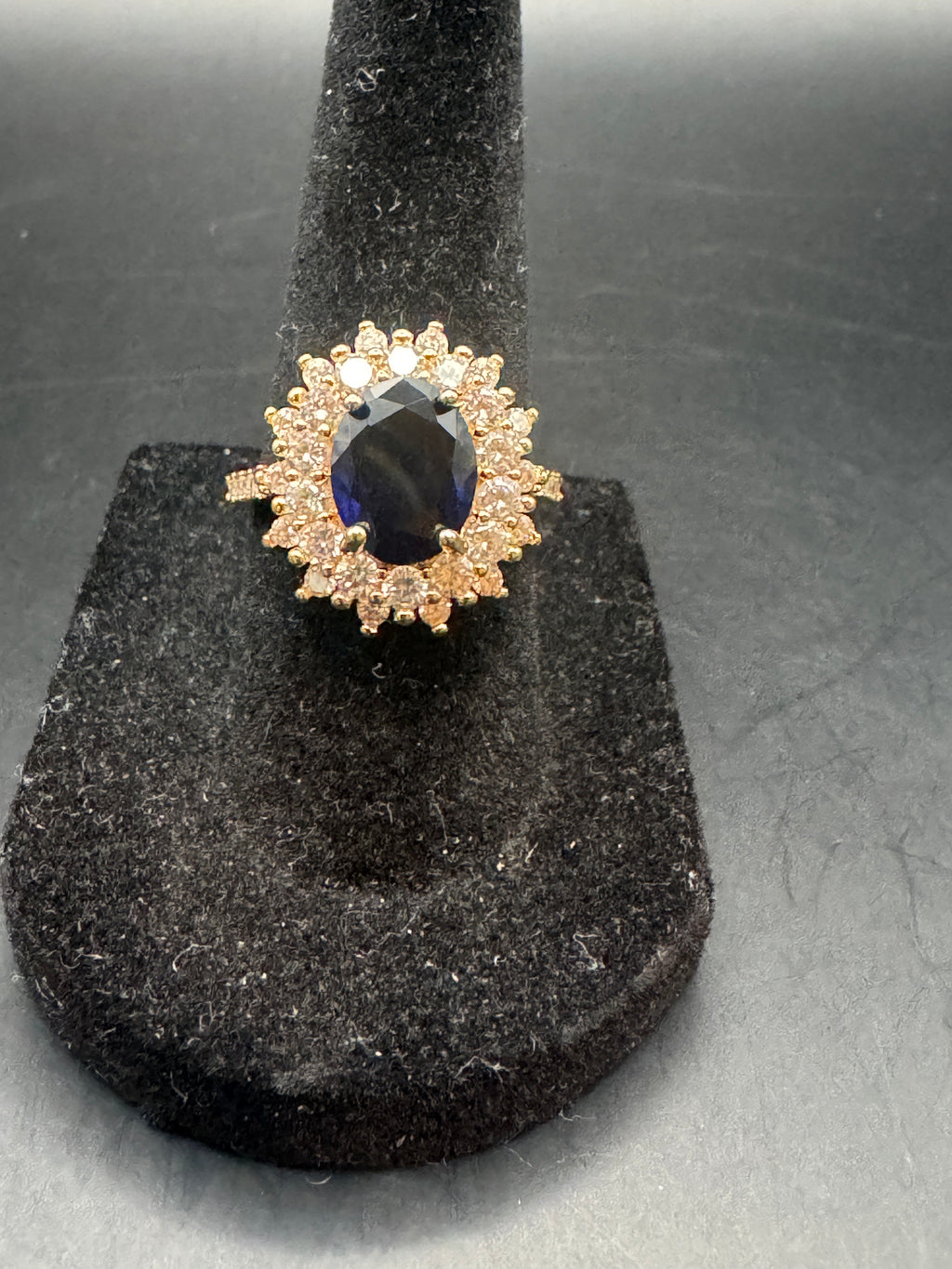 Vintage Gold Tone Cocktail Ring Blue Center Stone Double Halo Size 6.25