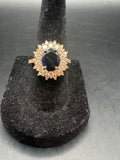 Vintage Gold Tone Cocktail Ring Blue Center Stone Double Halo Size 6.25