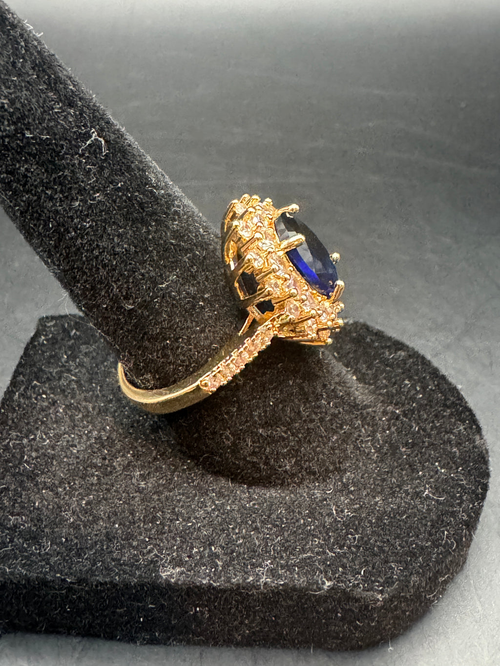 Vintage Gold Tone Cocktail Ring Blue Center Stone Double Halo Size 6.25