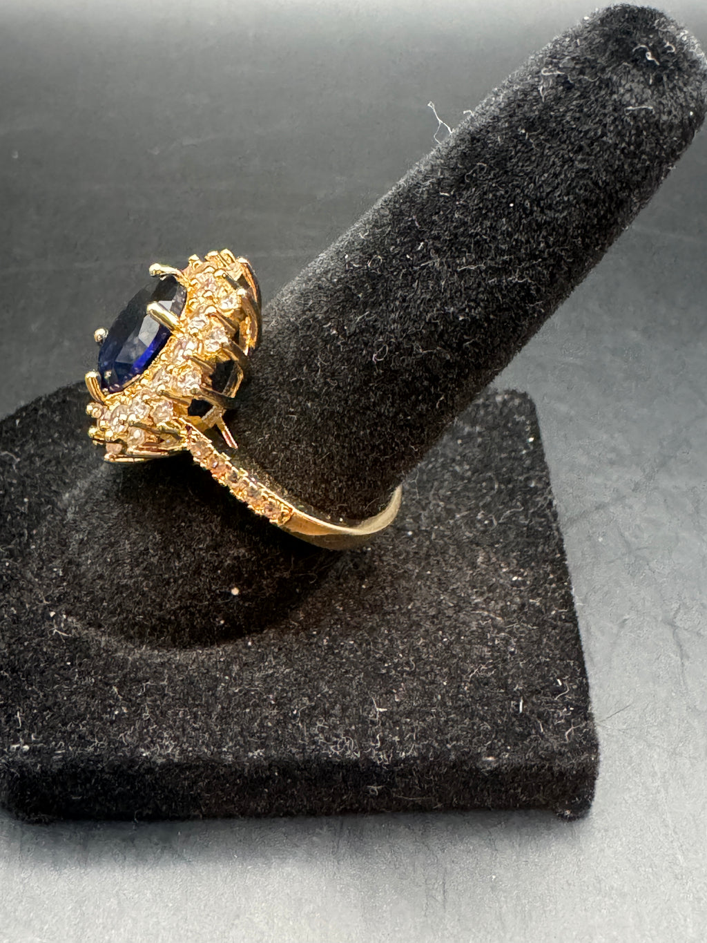 Vintage Gold Tone Cocktail Ring Blue Center Stone Double Halo Size 6.25