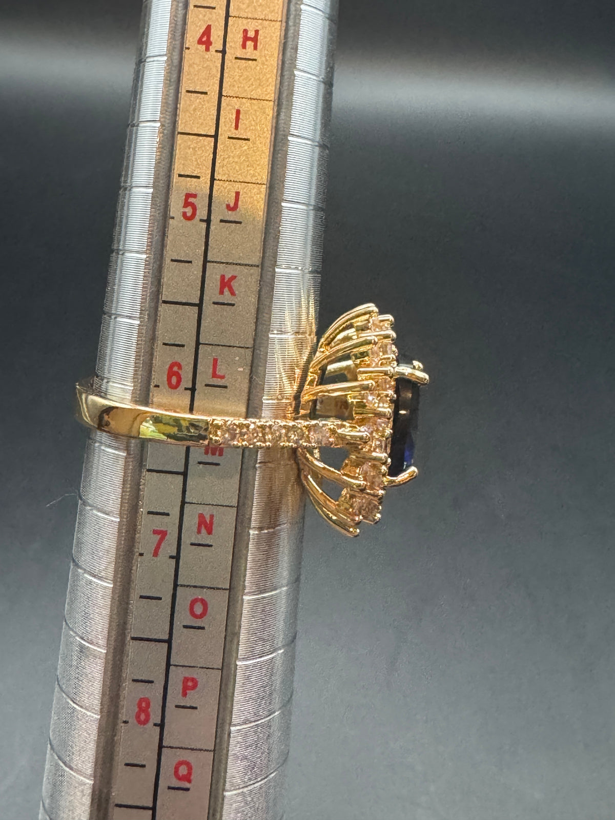 Vintage Gold Tone Cocktail Ring Blue Center Stone Double Halo Size 6.25