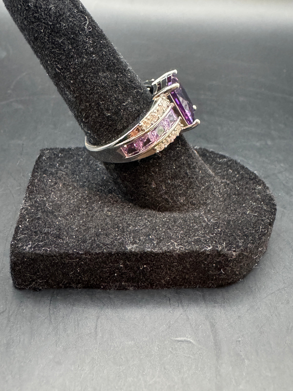 Silver Tone Purple Emerald Cut Crystal Statement Ring Channel Set Lavender Stones Size 6