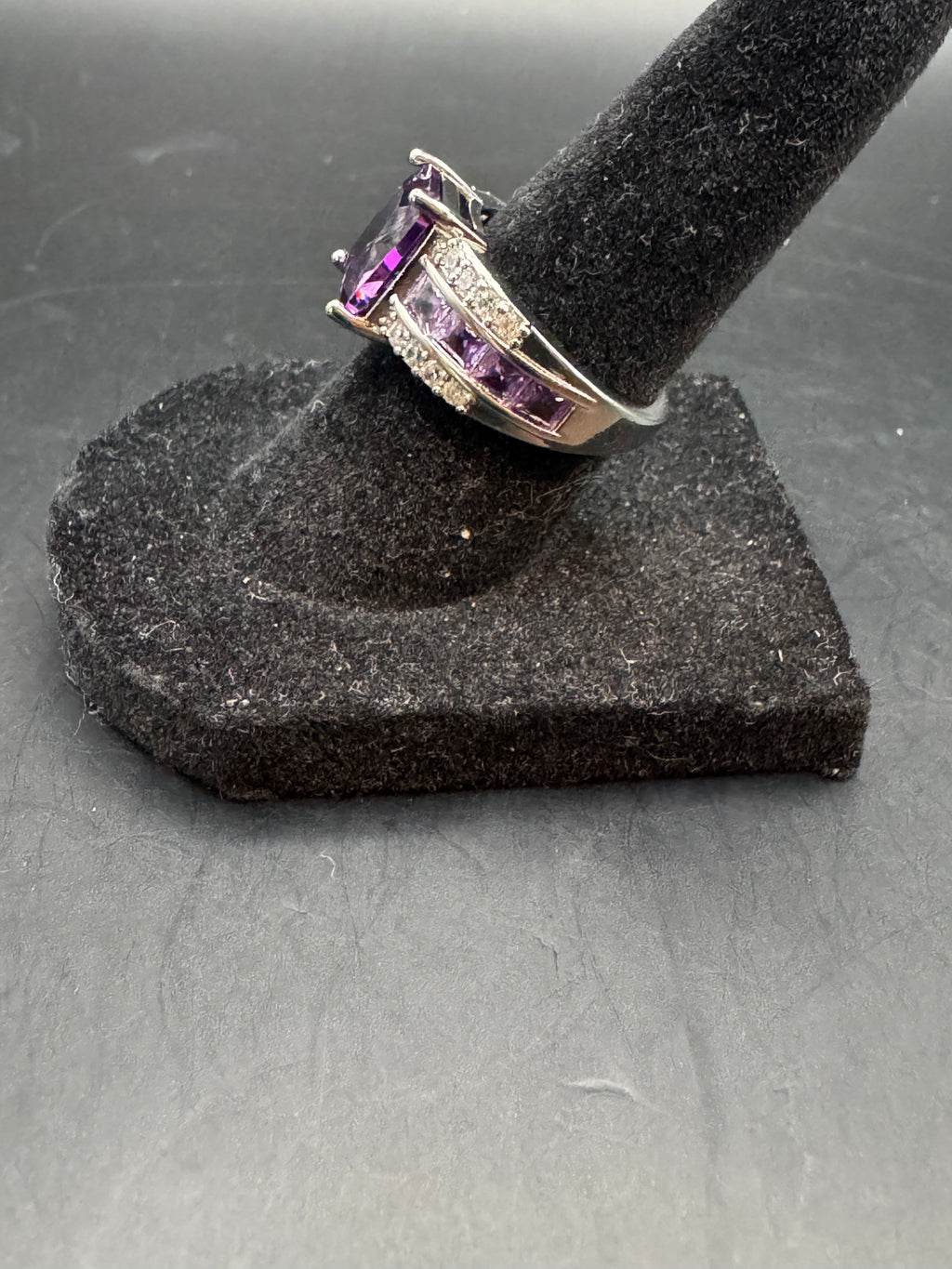 Silver Tone Purple Emerald Cut Crystal Statement Ring Channel Set Lavender Stones Size 6