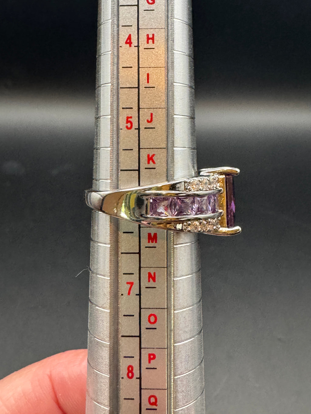 Silver Tone Purple Emerald Cut Crystal Statement Ring Channel Set Lavender Stones Size 6