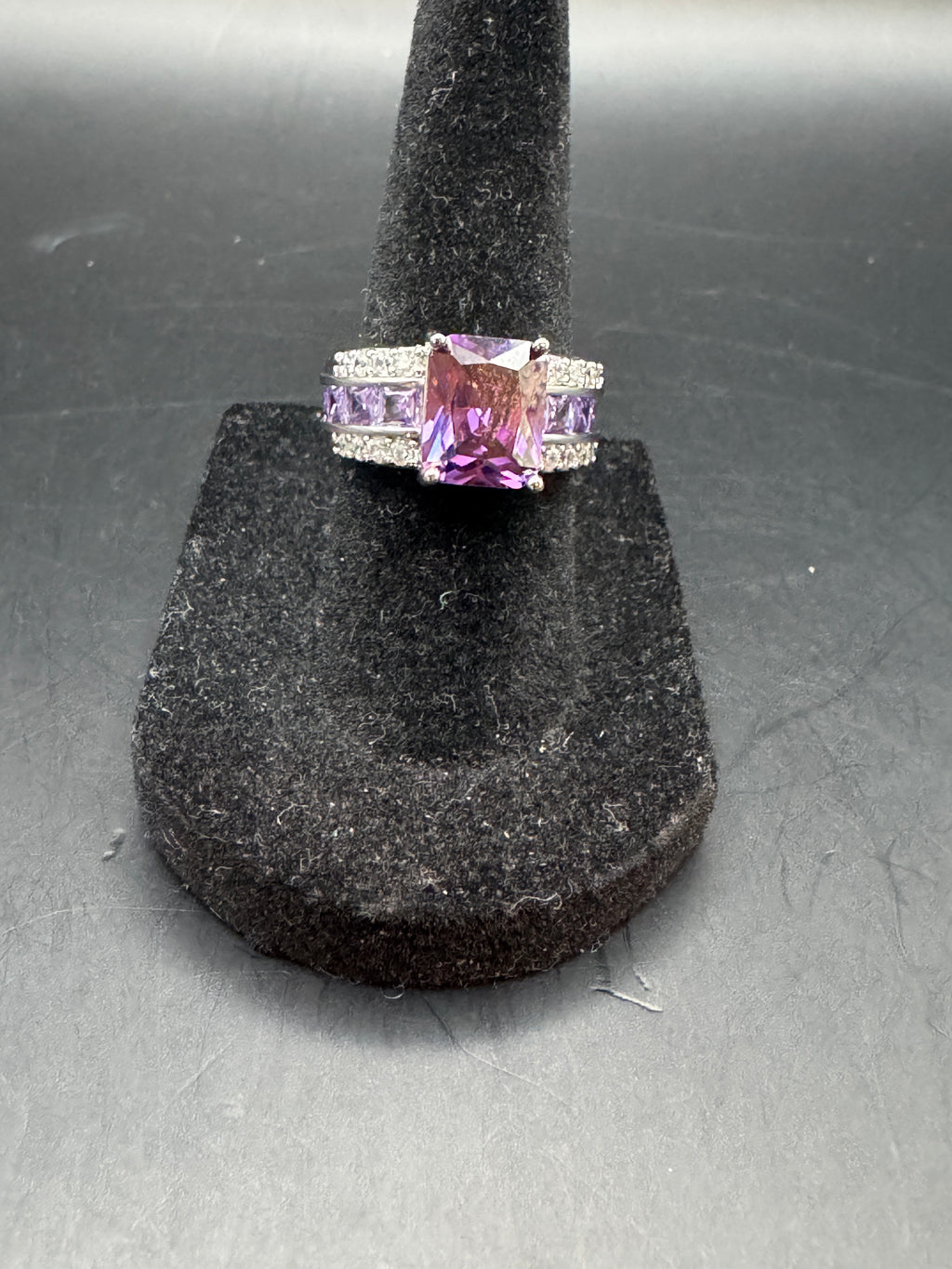 Silver Tone Purple Emerald Cut Crystal Statement Ring Channel Set Lavender Stones Size 6